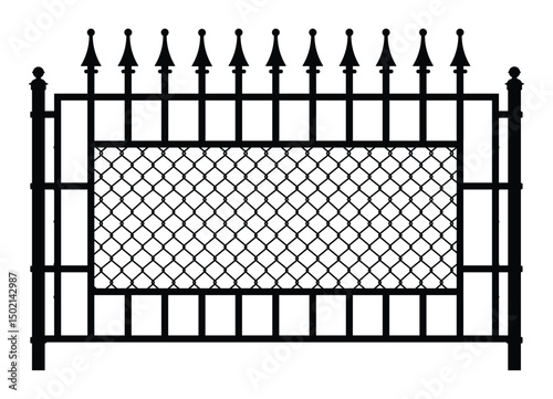 Black metal fence silhouette with vertical bars, ornate spear-shaped finials, and a central chain-link panel. Combines formal elegance with sturdy security in a modern, minimalist design.