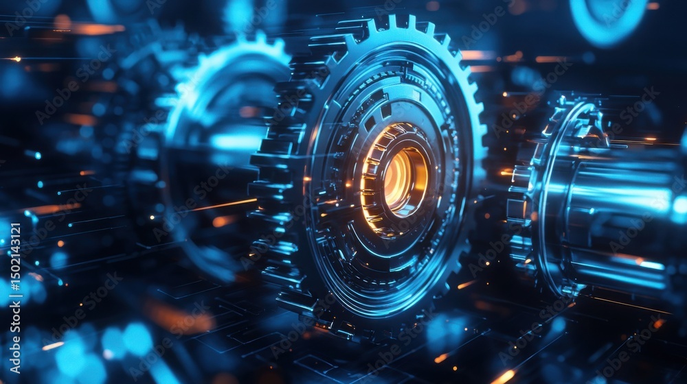 Obraz premium Futuristic Gears with Glowing Details in a High-Tech Environment