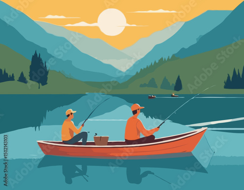 Fishing on the lake. Father and son go fishing while sitting in boat