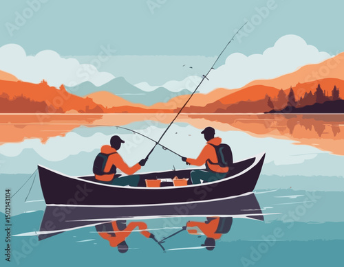 Fishing on the lake. Father and son go fishing while sitting in boat