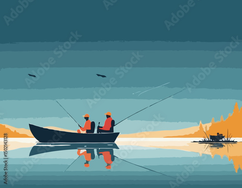Fishing on the lake. Father and son go fishing while sitting in boat