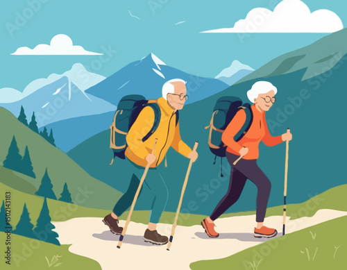 Seniors on hiking. Mature man and woman with backpacks and sticks climb the mountain. Happy elderly couple is engaged in active recreation