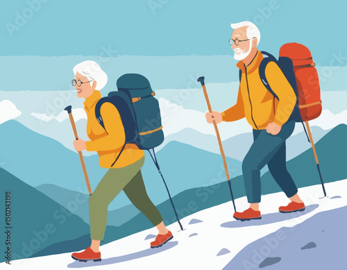 Seniors on hiking. Mature man and woman with backpacks and sticks climb the mountain. Happy elderly couple is engaged in active recreation