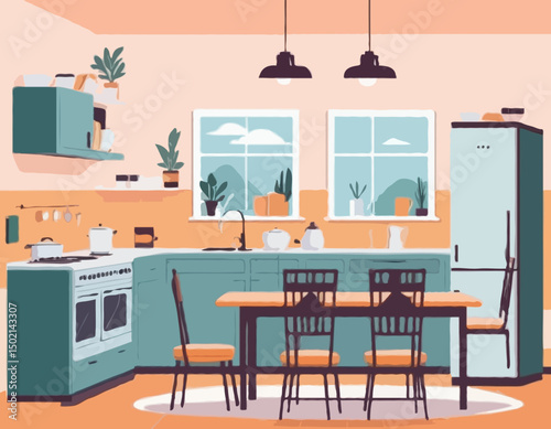 Interior of a cozy kitchen with furniture and appliances. Vector illustration