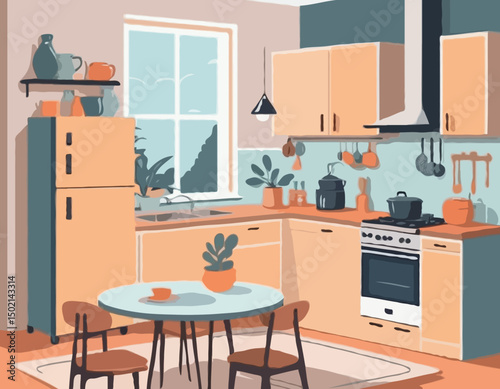 Interior of a cozy kitchen with furniture and appliances. Vector illustration
