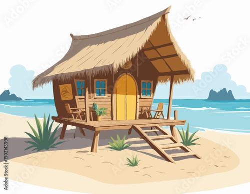Beach shack house, Hawaiian bamboo hut bar surfboard, vector surfing bungalow, tropical plants. Summer cartoon island building, exotic vacation camping straw roof. Beach shack seashore sand clipart