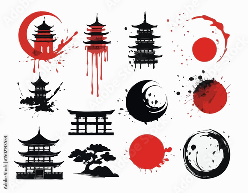 Japanese ink brush vector stain set, asian symbol collection, oriental tiger, samurai, pagoda circle. Calligraphy paintbrush traditional object, dye splatter watercolor drips. Japanese ink design