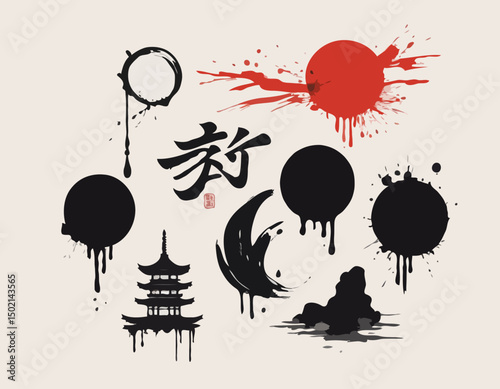 Japanese ink brush vector stain set, asian symbol collection, oriental tiger, samurai, pagoda circle. Calligraphy paintbrush traditional object, dye splatter watercolor drips. Japanese ink design