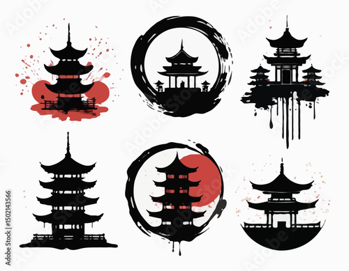 Japanese ink brush vector stain set, asian symbol collection, oriental tiger, samurai, pagoda circle. Calligraphy paintbrush traditional object, dye splatter watercolor drips. Japanese ink design