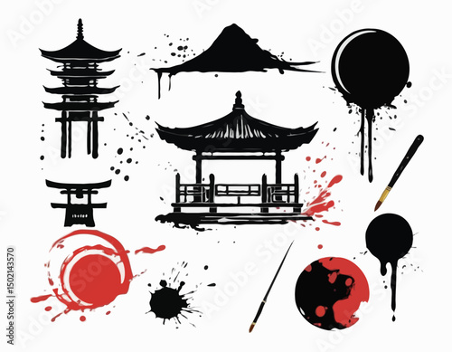 Japanese ink brush vector stain set, asian symbol collection, oriental tiger, samurai, pagoda circle. Calligraphy paintbrush traditional object, dye splatter watercolor drips. Japanese ink design