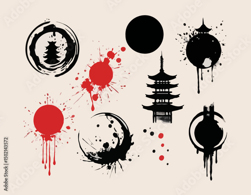 Japanese ink brush vector stain set, asian symbol collection, oriental tiger, samurai, pagoda circle. Calligraphy paintbrush traditional object, dye splatter watercolor drips. Japanese ink design