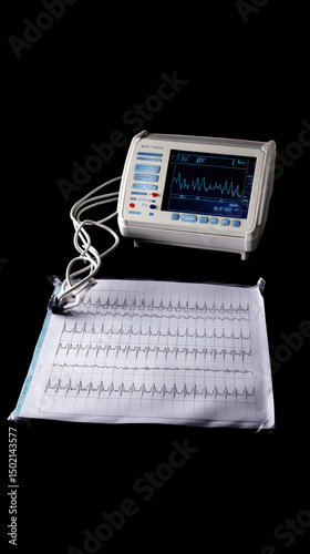 Medical device, ECG monitor, and printout.  A white medical device displays a heart rate tracing.  A paper printout of the ECG rhythm is beside it.  Isolated on black background