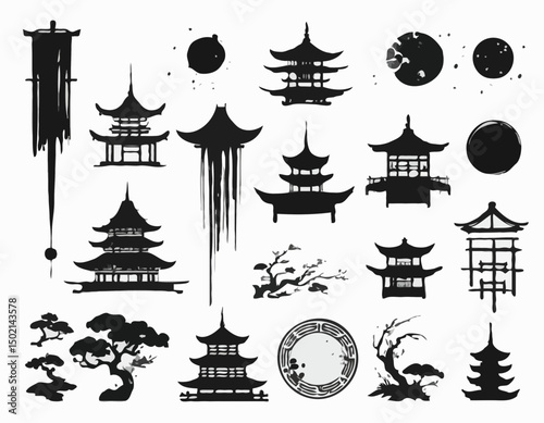 Japanese ink brush vector stain set, asian symbol collection, oriental tiger, samurai, pagoda circle. Calligraphy paintbrush traditional object, dye splatter watercolor drips. Japanese ink design