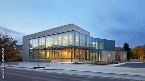 Exterior View of a Modern Library Building Featuring Glass Facade