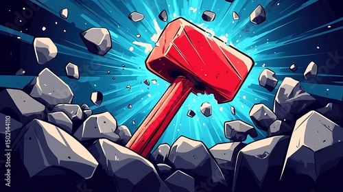 Red hammer smashing rocks, impact, power