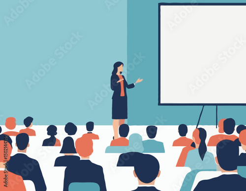 Conference or scientific seminar. Woman performing on stage in front of an audience in the hall. Business lecture, event