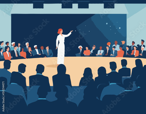 Conference or scientific seminar. Woman performing on stage in front of an audience in the hall. Business lecture, event