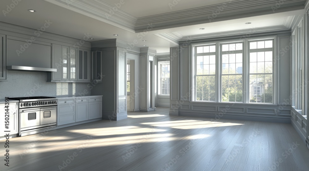 Empty, light-filled, modern classic kitchen and living space Empty, light-filled, modern classic kitchen and living space