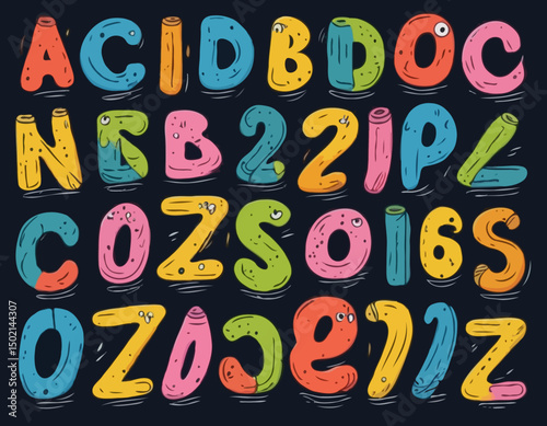 Doodle children font, cartoon funny alphabet, vector hand drawn scribble kid numbers, blobs. School wax crayon abc cute kindergarten handwriting letters, abstract shapes. Color pencil children font