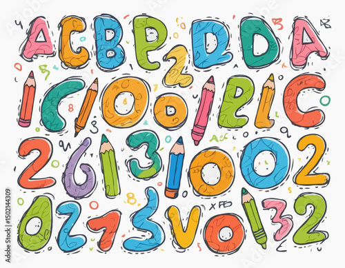 Doodle children font, cartoon funny alphabet, vector hand drawn scribble kid numbers, blobs. School wax crayon abc cute kindergarten handwriting letters, abstract shapes. Color pencil children font