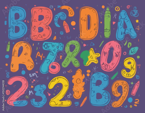 Doodle children font, cartoon funny alphabet, vector hand drawn scribble kid numbers, blobs. School wax crayon abc cute kindergarten handwriting letters, abstract shapes. Color pencil children font