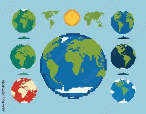 Pixel Earth. Globe world map in color and silhouette pixel art 8 bit style, oceans and continents. Earth planet for retro game and eco concept. Vector isolated icons