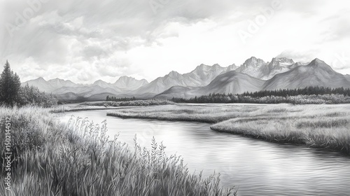 A pencil drawing of a serene landscape with mountains in the background