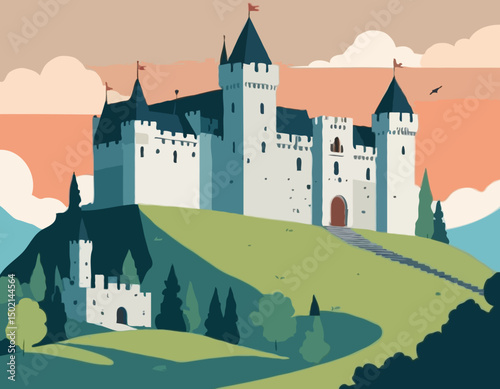 Great Medieval Castle On The Hill Landscape