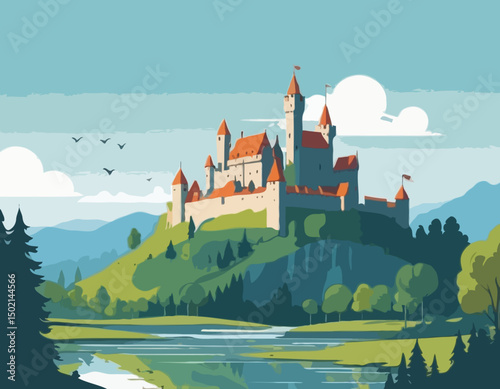 Great Medieval Castle On The Hill Landscape