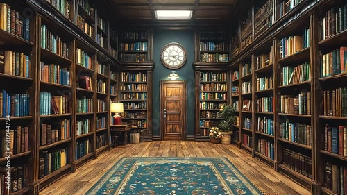Grand library interior with wooden bookshelves