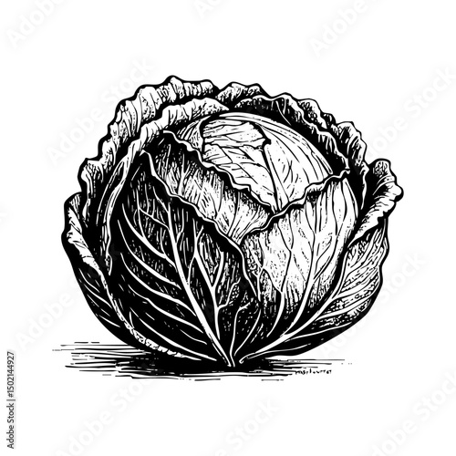 Cabbage engraving black and white outline. Scratch board imitation.  illustrated in vintage line art style on a white background.