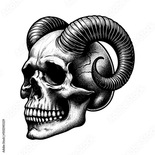 Human skull with horn sketch engraving black and white outline. Scratch board imitation.  illustrated in vintage line art style on a white background.