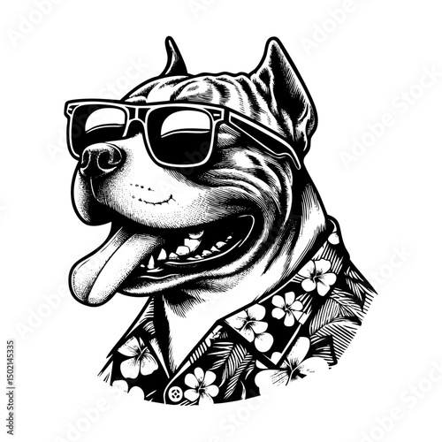 Pitbull dog wear hawaiian shirt sketch engraving black and white outline. Scratch board imitation.  illustrated in vintage line art style on a white background.
Human skull with horn sketch engraving 