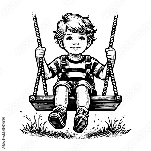 Boy playing swing in park engraving black and white outline. Scratch board imitation.  illustrated in vintage line art style on a white background.