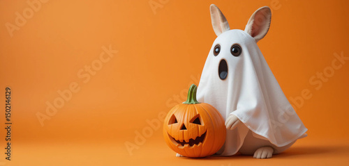 Funny rabbit ​​in cute Halloween ghost costume with pumpkin ghost in front of orange background.