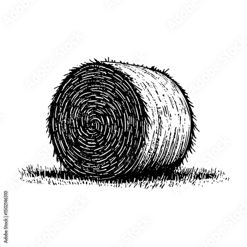 Hay bale sketch engraving black and white outline. Scratch board imitation.  illustrated in vintage line art style on a white background.