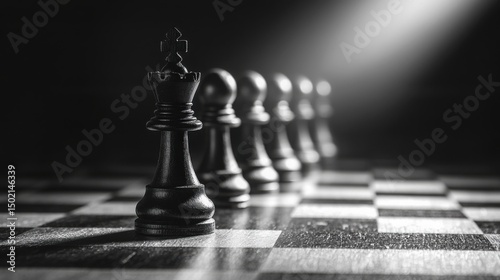 Black Chess Pieces in a Row with Dramatic Lighting on Game Board