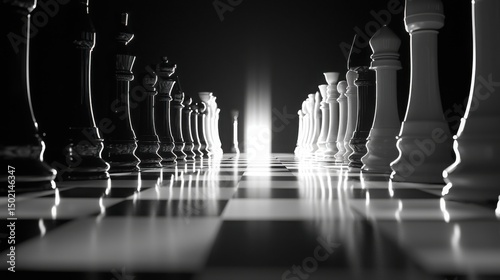 Dramatic Black and White Chessboard with Reflections and Shadows