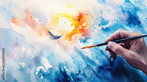 Vibrant Watercolor Painting of Sunrise with Artist's Hand Holding Brush