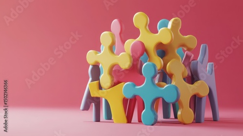 Colorful Puzzle Pieces Stacked on a Pink Background in 3D Style