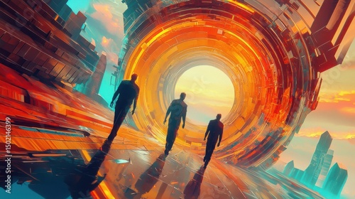 Futuristic Journey Through a Vibrant Portal with Silhouetted Figures