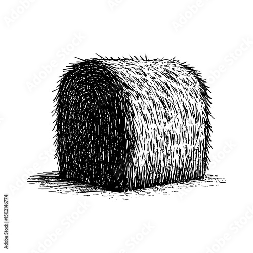 Hay bale sketch engraving black and white outline. Scratch board imitation.  illustrated in vintage line art style on a white background.