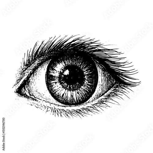 Human eye engraving black and white outline. Scratch board imitation.