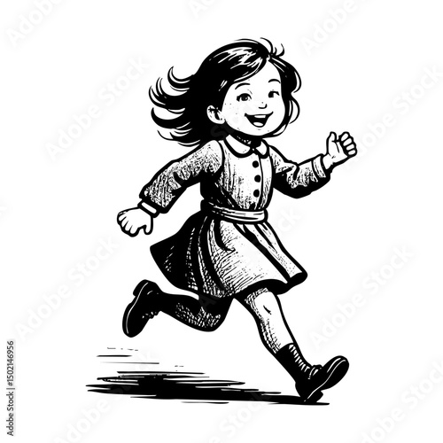 Happy kid running sketch engraving black and white outline. Scratch board imitation.