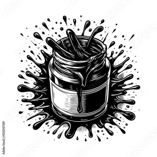 Black ink jar sketch engraving black and white outline. Scratch board imitation.  illustrated in vintage line art style on a white background.