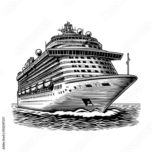 Cruise ship sketch engraving black and white outline. Scratch board imitation.  illustrated in vintage line art style on a white background.