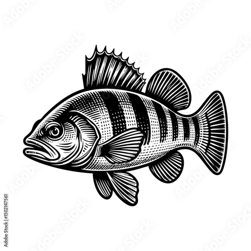 Zander fish sketch engraving black and white outline. Scratch board imitation.