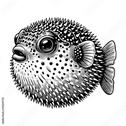 Puffer fish sketch engraving black and white outline. Scratch board imitation.  illustrated in vintage line art style on a white background.