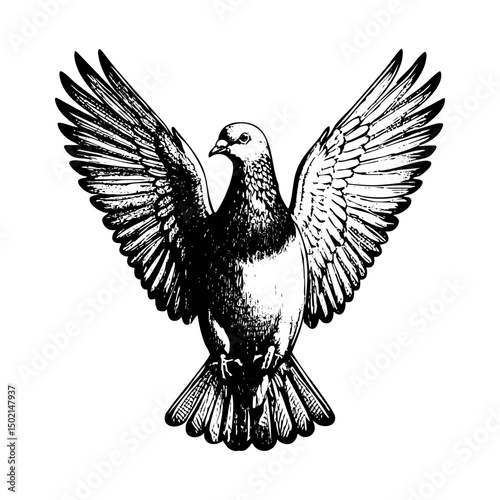 Pigeon flying while spread wings engraving black and white outline. Scratch board imitation.