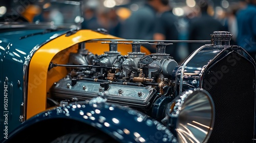 Exquisite Detail of a Classic Car Engine at an Antique Auto Exhibition Event